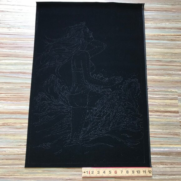 Woman in Beach Waves Pre-Printed Artex Tri-Chem Liquid Embroidery Black Velvet - Picture 2 of 4